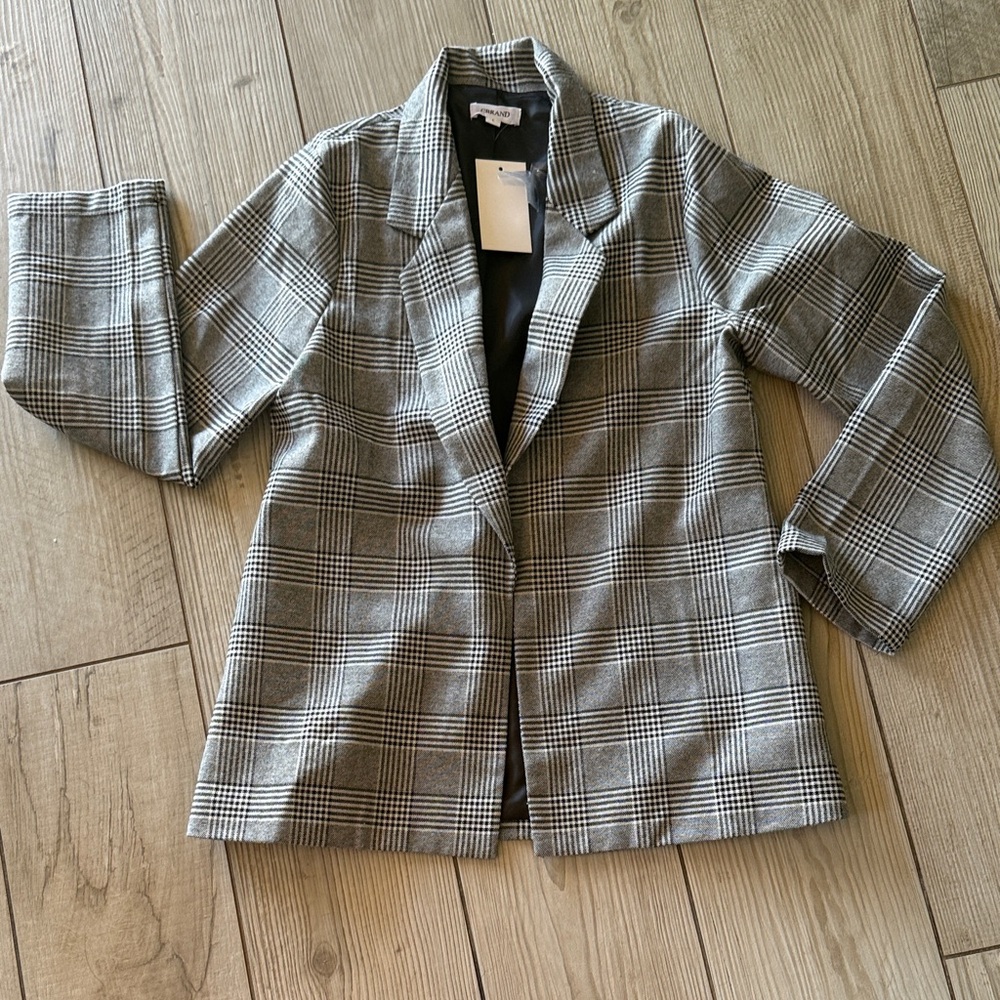 Plaid Notch-Collar Blazer Jacket - Gray